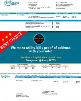 Colorado City of Fort Collins Sample Fake utility bill